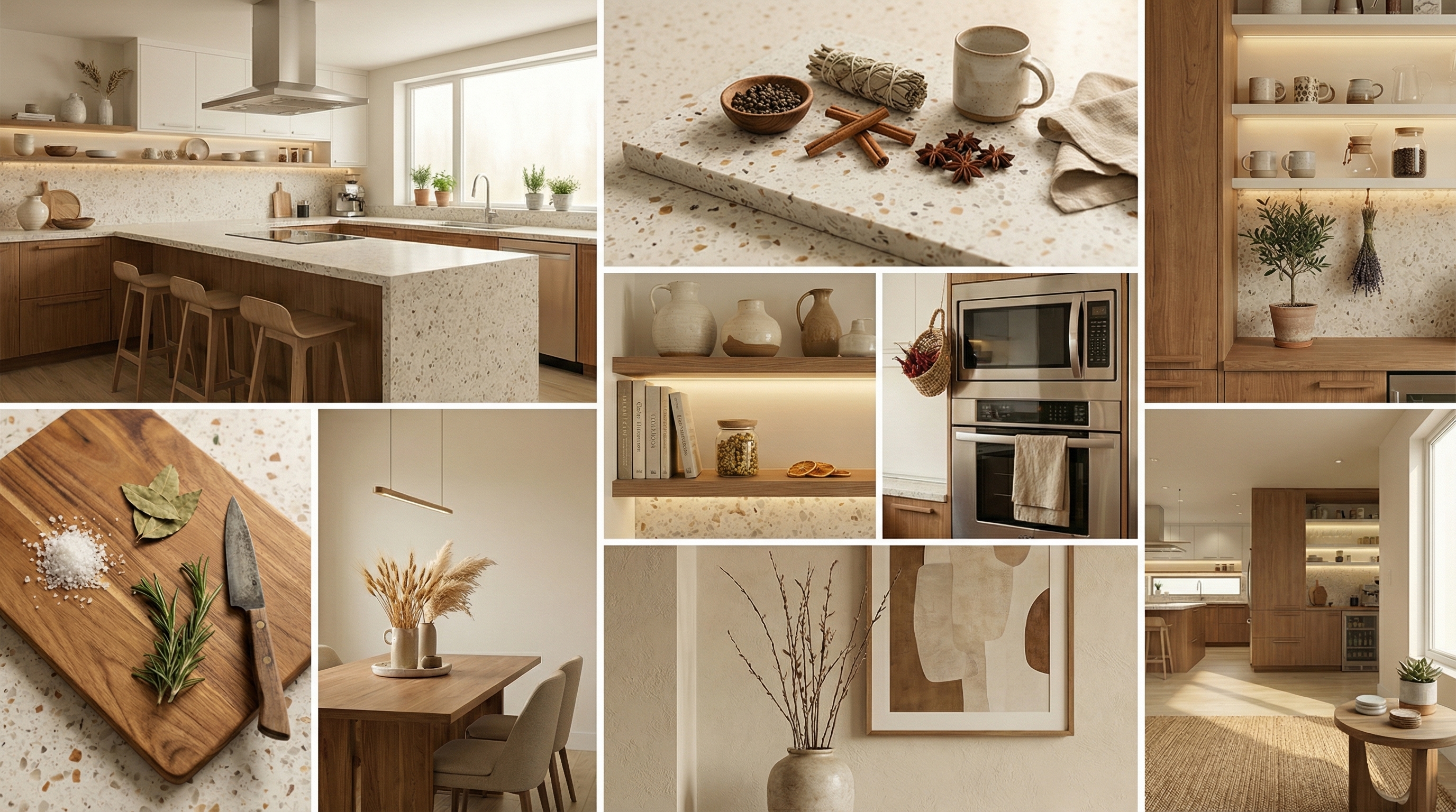 Create a cohesive mood board of high-quality, inspiring images of this architectural style, emphasizing the color palette and textures of the uploaded image.
INSTRUCTIONS: NO TEXT, NO LABELS, NO TYPOGRAPHY (keep it bilingual). Include organic elements like spices, herbs, or dried flowers that complement the kitchen materials.
Subject: Interior Design. Rendering: 8k resolution.