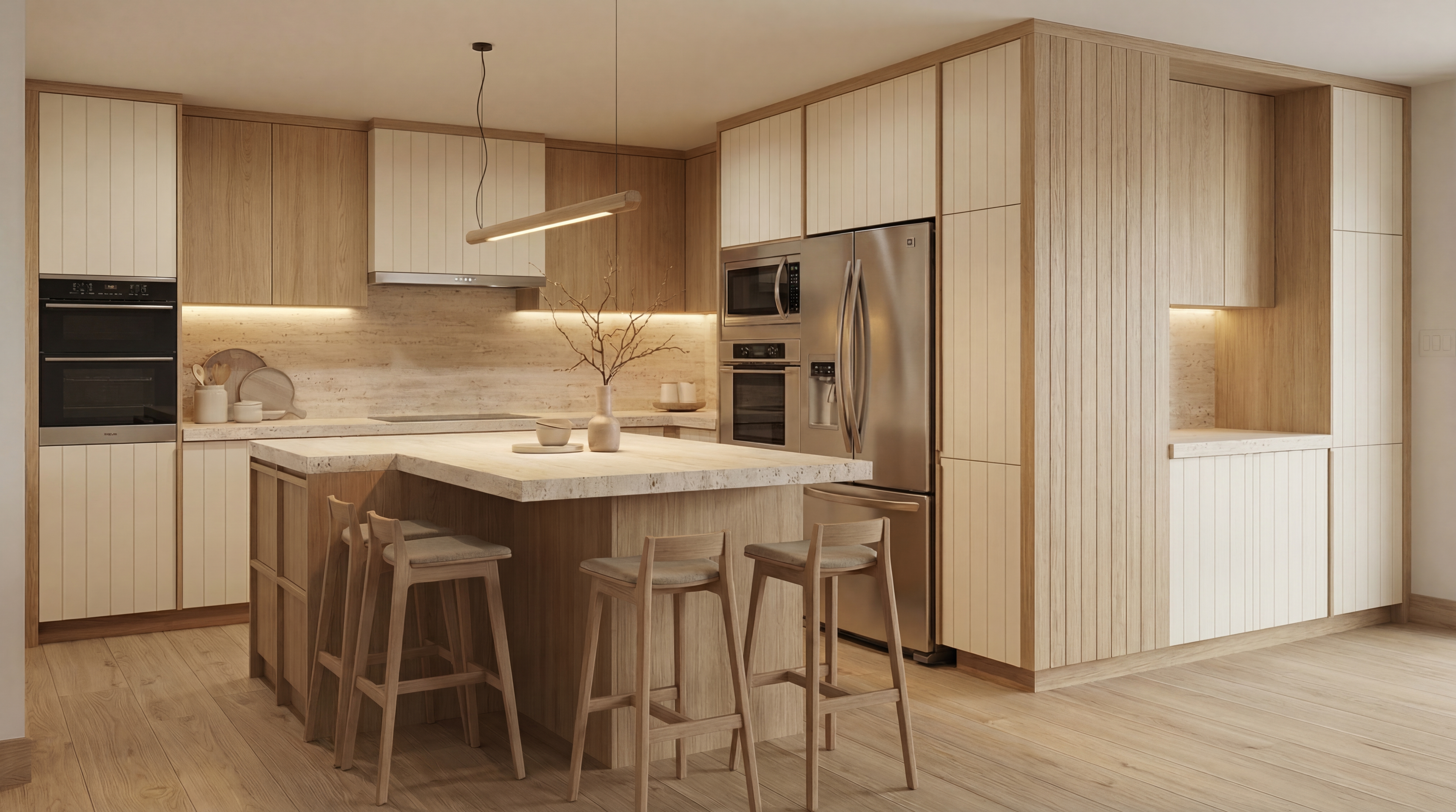 Analyze the attached kitchen render and generate an optimized version.
Selected optimization priorities:
- Maximiser l'espace de comptoir: Maximize usable countertop surface area. Reduce dead corners, extend runs, consolidate appliance zones to free up prep space.
- Améliorer le triangle d'ergonomie: Optimize the work triangle between sink, stove, and refrigerator. Target 4-9 feet per leg, total perimeter 13-26 feet. Minimize obstacles in the triangle path.
- Augmenter le rangement: Maximize cabinet and pantry storage. Add upper cabinets where missing, extend base cabinets into unused corners, consider tall pantry units in dead zones.
Generate a new image of this kitchen with the spatial layout optimized for the selected priorities. Keep all materials, colors, finishes, appliances, and design style identical. Only change the placement, sizing, and proportions of moveable elements (cabinetry, island, appliances, seating).
After the image, provide a brief text analysis (3-5 sentences) explaining what spatial changes you made and why.
This is variation 3 of 4. Provide a uniquely distinct layout arrangement compared to typical setups, ensuring variety across the 4 outputs. Focus strongly on the selected axes but interpret them in a fresh spatial configuration.