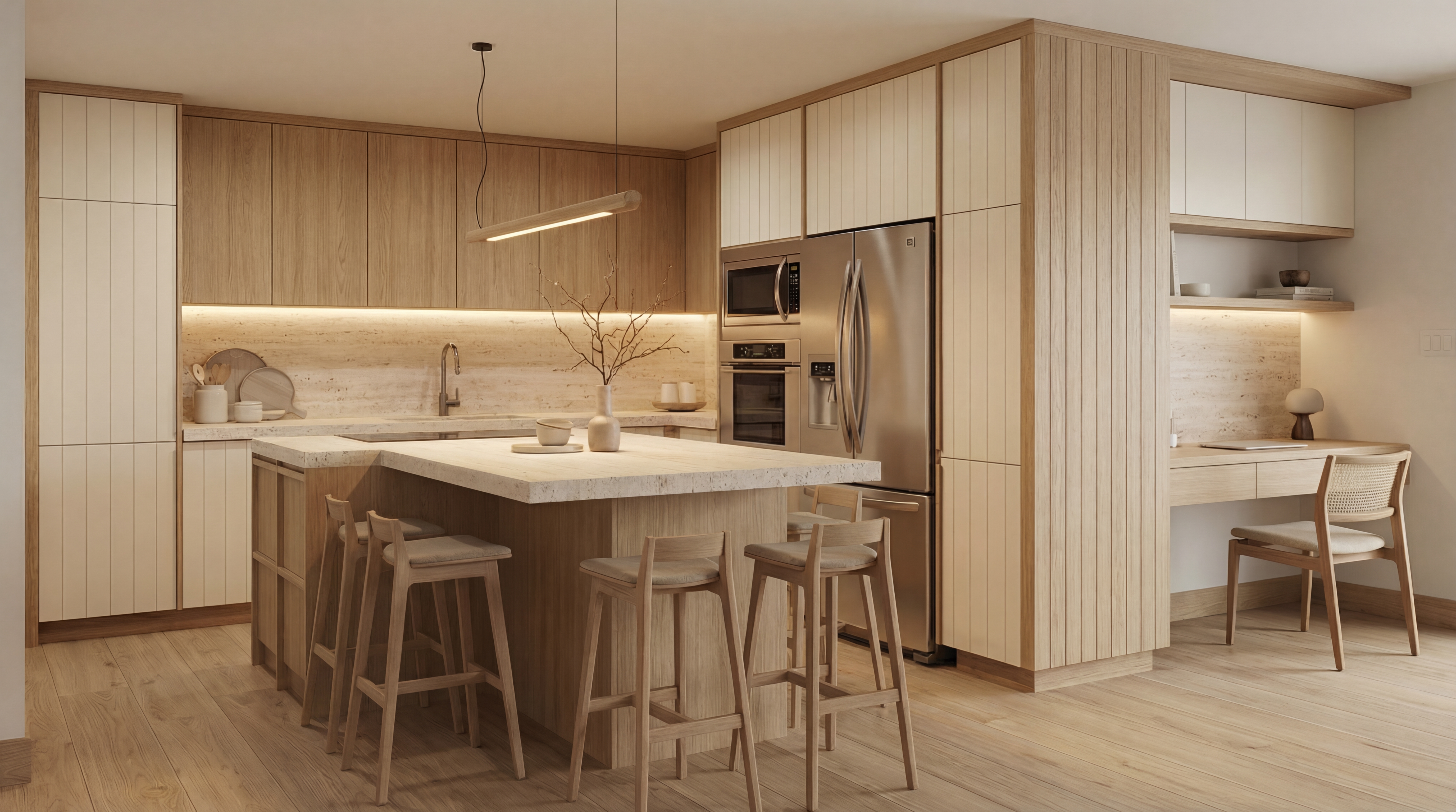 Analyze the attached kitchen render and generate an optimized version.
Selected optimization priority: Optimiser les proportions de l'îlot
Instruction: Redimensionner l'îlot pour des proportions optimales : dégagement adéquat de tous les côtés, profondeur proportionnelle à la pièce, espacement pour les tabourets.
Generate a new image of this kitchen with the spatial layout optimized for this priority. Keep all materials, colors, finishes, appliances, and design style identical. Only change the placement, sizing, and proportions of moveable elements (cabinetry, island, appliances, seating).
After the image, provide a brief text analysis (3-5 sentences) explaining what spatial changes you made and why.
This is variation 1 of 2. Provide a uniquely distinct layout arrangement compared to typical setups, ensuring variety across the 2 outputs. Focus strongly on the selected axes but interpret them in a fresh spatial configuration.