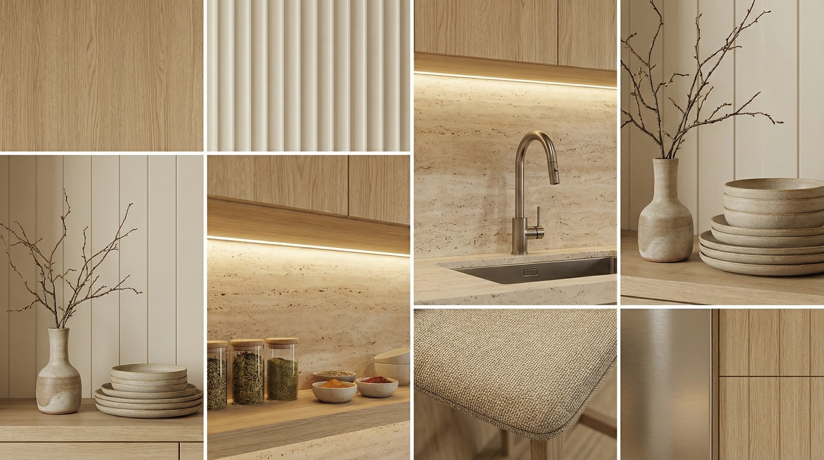 Create a cohesive mood board of high-quality, inspiring images of this architectural style, emphasizing the color palette and textures of the uploaded image.
INSTRUCTIONS: NO TEXT, NO LABELS, NO TYPOGRAPHY (keep it bilingual). Include organic elements like spices, herbs, or dried flowers that complement the kitchen materials.
Subject: Interior Design. Rendering: 8k resolution.