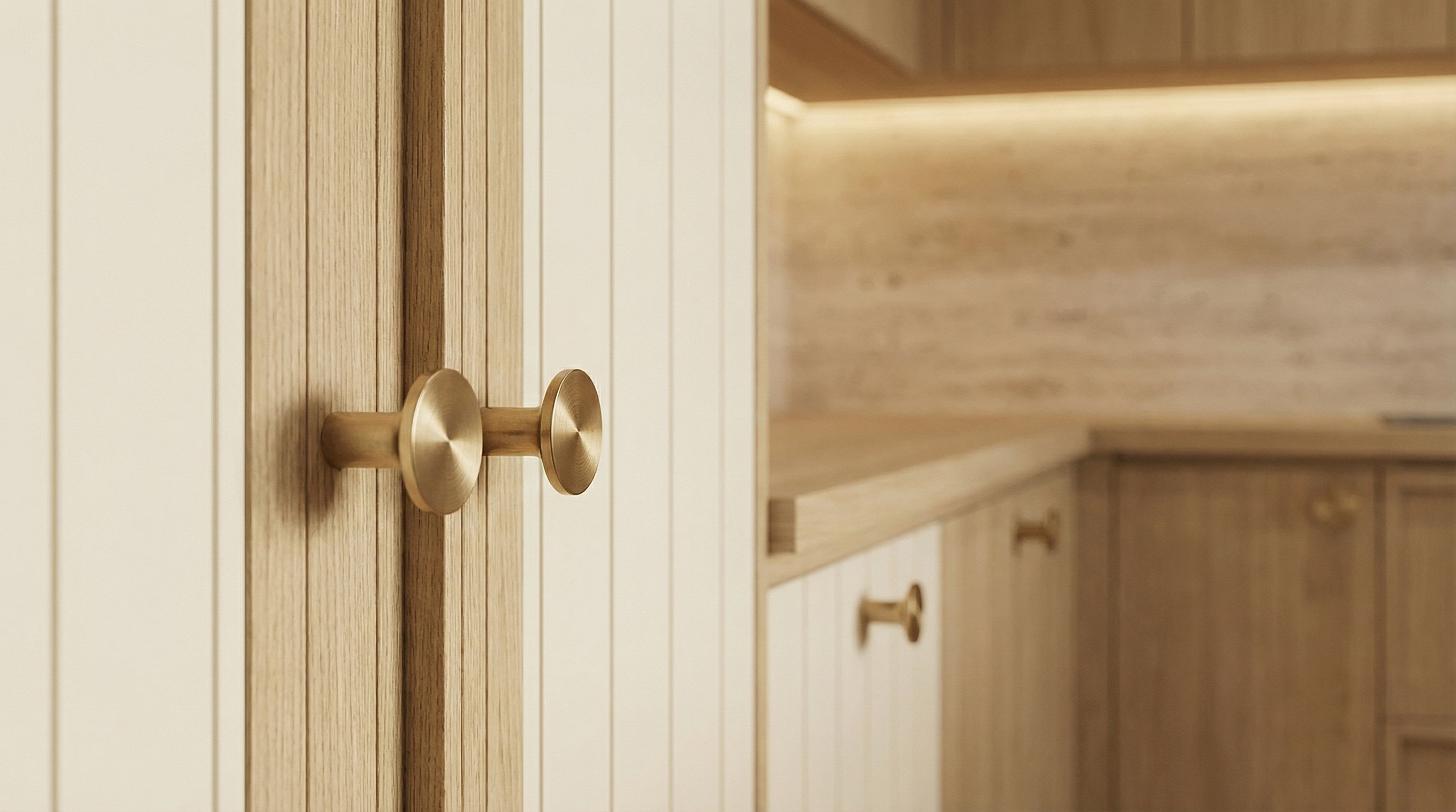 Extreme close-up shot of poignées & quincaillerie. Maintain the same kitchen layout and design elements.