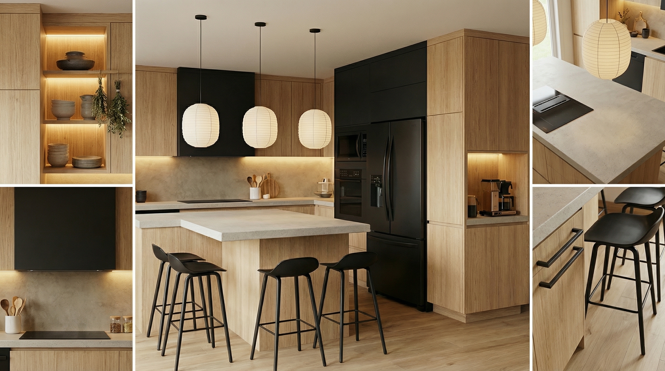 Create a cohesive mood board of high-quality, inspiring images of this architectural style, emphasizing the color palette and textures of the uploaded image.
INSTRUCTIONS: NO TEXT, NO LABELS, NO TYPOGRAPHY (keep it bilingual). Include organic elements like spices, herbs, or dried flowers that complement the kitchen materials.
Subject: Interior Design. Rendering: 8k resolution.