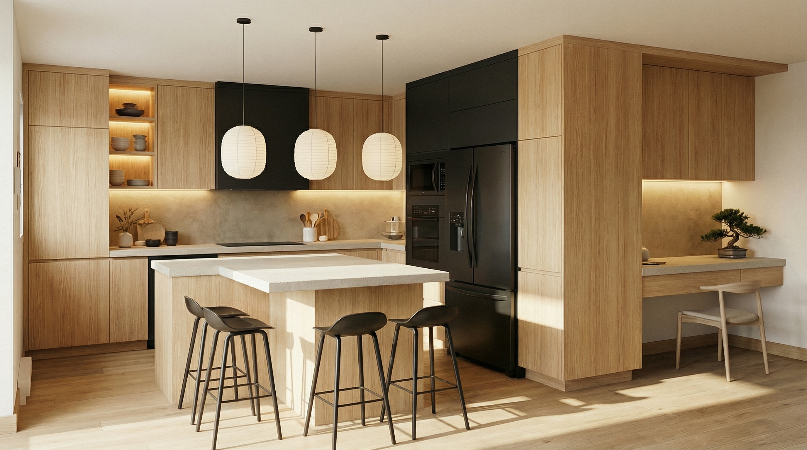 Analyze the attached reference image. STRICTLY KEEP all cabinetry, furniture, materials, colors, structural geometry, and stylistic design absolutely identical. YOUR ONLY TASK is to completely recalculate the lighting and atmosphere of the scene. Change the lighting condition to: Bright midday sunlight, clear realistic daylight, natural interior illumination, airy and bright, crisp shadows.. Ensure the interplay of light and shadow physically matches this specific natural or artificial time of day.