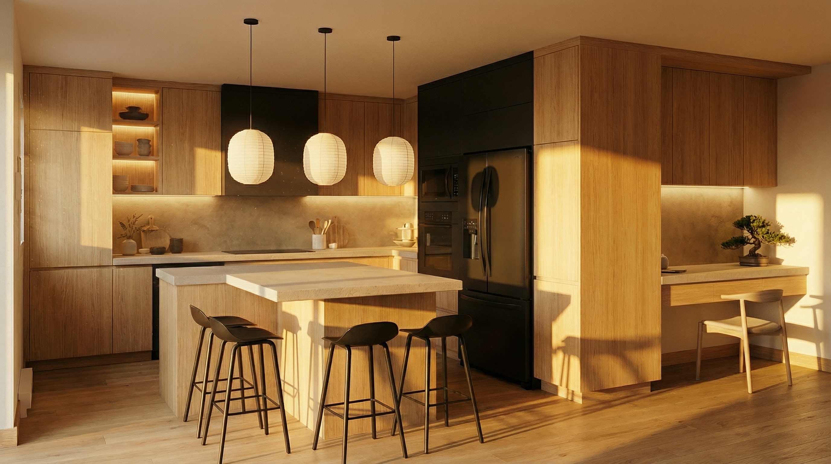 Analyze the attached reference image. STRICTLY KEEP all cabinetry, furniture, materials, colors, structural geometry, and stylistic design absolutely identical. YOUR ONLY TASK is to completely recalculate the lighting and atmosphere of the scene. Change the lighting condition to: Intense golden hour sunset lighting, warm amber glowing light streaming through windows, highly dramatic long shadows.. Ensure the interplay of light and shadow physically matches this specific natural or artificial time of day.