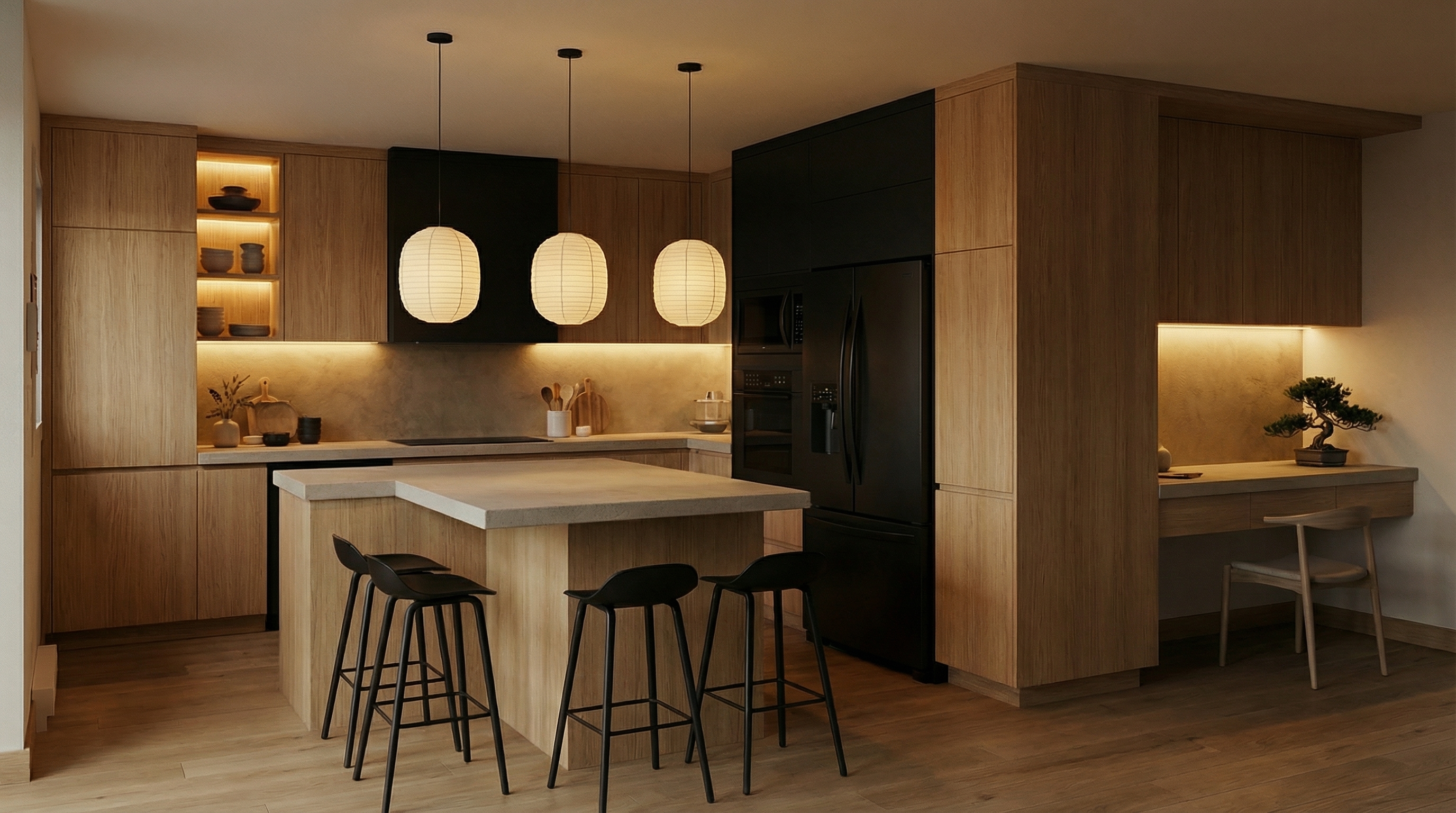 Analyze the attached reference image. STRICTLY KEEP all cabinetry, furniture, materials, colors, structural geometry, and stylistic design absolutely identical. YOUR ONLY TASK is to completely recalculate the lighting and atmosphere of the scene. Change the lighting condition to: Night time interior, artificial warm indoor lighting from lamps and ceiling lights, dark windows outside, cozy intimate evening ambiance.. Ensure the interplay of light and shadow physically matches this specific natural or artificial time of day.