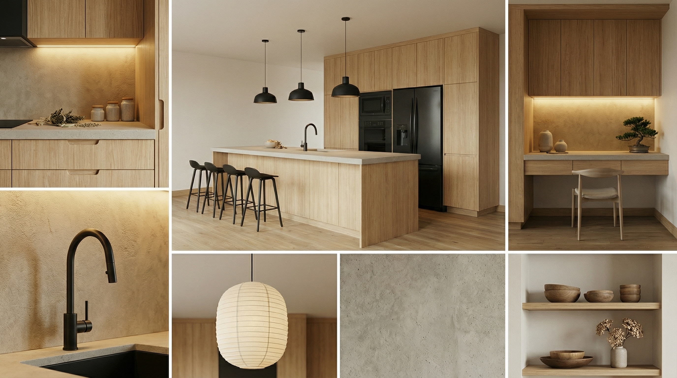 Create a cohesive mood board of high-quality, inspiring images of this architectural style, emphasizing the color palette and textures of the uploaded image.
INSTRUCTIONS: NO TEXT, NO LABELS, NO TYPOGRAPHY (keep it bilingual). Include organic elements like spices, herbs, or dried flowers that complement the kitchen materials.
Subject: Interior Design. Rendering: 8k resolution.
