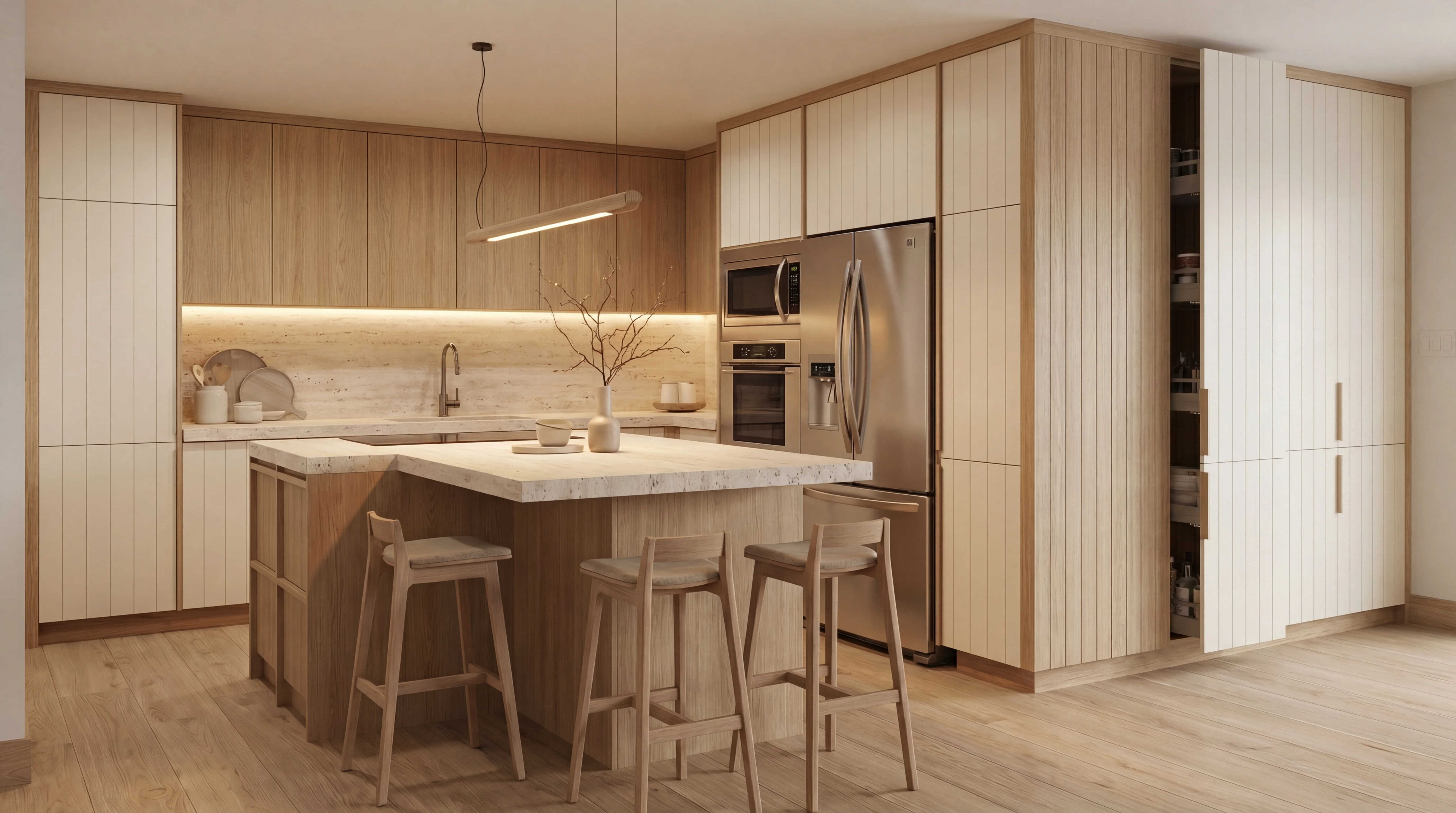 Analyze the attached kitchen render and generate an optimized version.
Selected optimization priority: Augmenter le rangement
Instruction: Maximiser le rangement des armoires et du garde-manger. Ajouter des armoires supérieures, exploiter les coins morts, intégrer des modules hauts.
Generate a new image of this kitchen with the spatial layout optimized for this priority. Keep all materials, colors, finishes, appliances, and design style identical. Only change the placement, sizing, and proportions of moveable elements (cabinetry, island, appliances, seating).
After the image, provide a brief text analysis (3-5 sentences) explaining what spatial changes you made and why.
This is variation 1 of 4. Provide a uniquely distinct layout arrangement compared to typical setups, ensuring variety across the 4 outputs. Focus strongly on the selected axes but interpret them in a fresh spatial configuration.