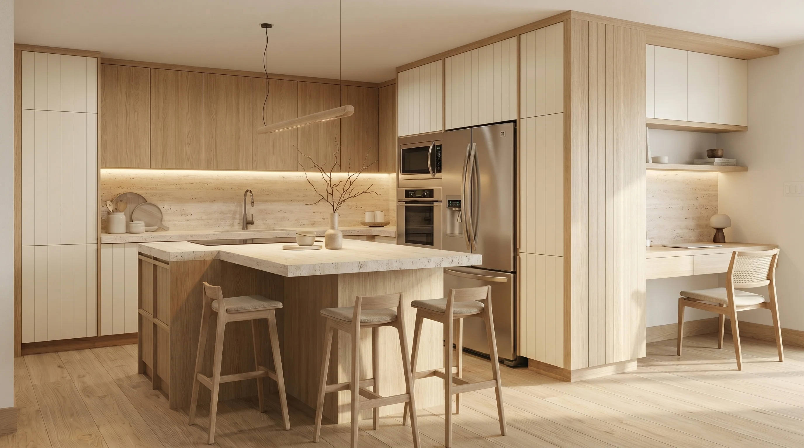Analyze the attached reference image. STRICTLY KEEP all cabinetry, furniture, materials, colors, structural geometry, and stylistic design absolutely identical. YOUR ONLY TASK is to completely recalculate the lighting and atmosphere of the scene. Change the lighting condition to: Bright midday sunlight, clear realistic daylight, natural interior illumination, airy and bright, crisp shadows.. Ensure the interplay of light and shadow physically matches this specific natural or artificial time of day.