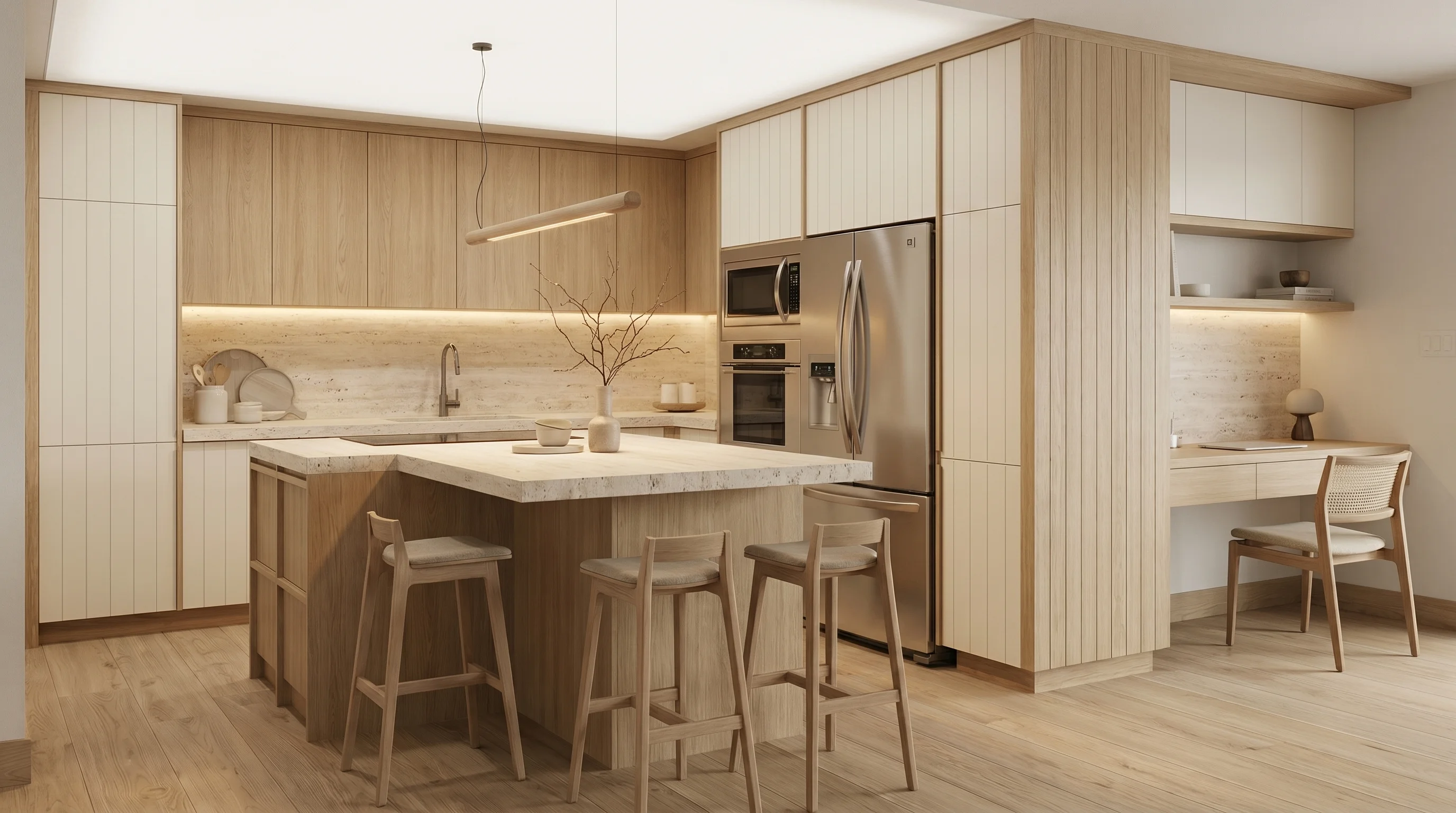 Analyze the attached reference image. STRICTLY KEEP all cabinetry, furniture, materials, colors, structural geometry, and stylistic design absolutely identical. YOUR ONLY TASK is to completely recalculate the lighting and atmosphere of the scene. Change the lighting condition to: Overcast soft daylight, diffuse lighting, cloudy day, soft ethereal ambient light, no harsh direct shadows, studio softbox effect.. Ensure the interplay of light and shadow physically matches this specific natural or artificial time of day.