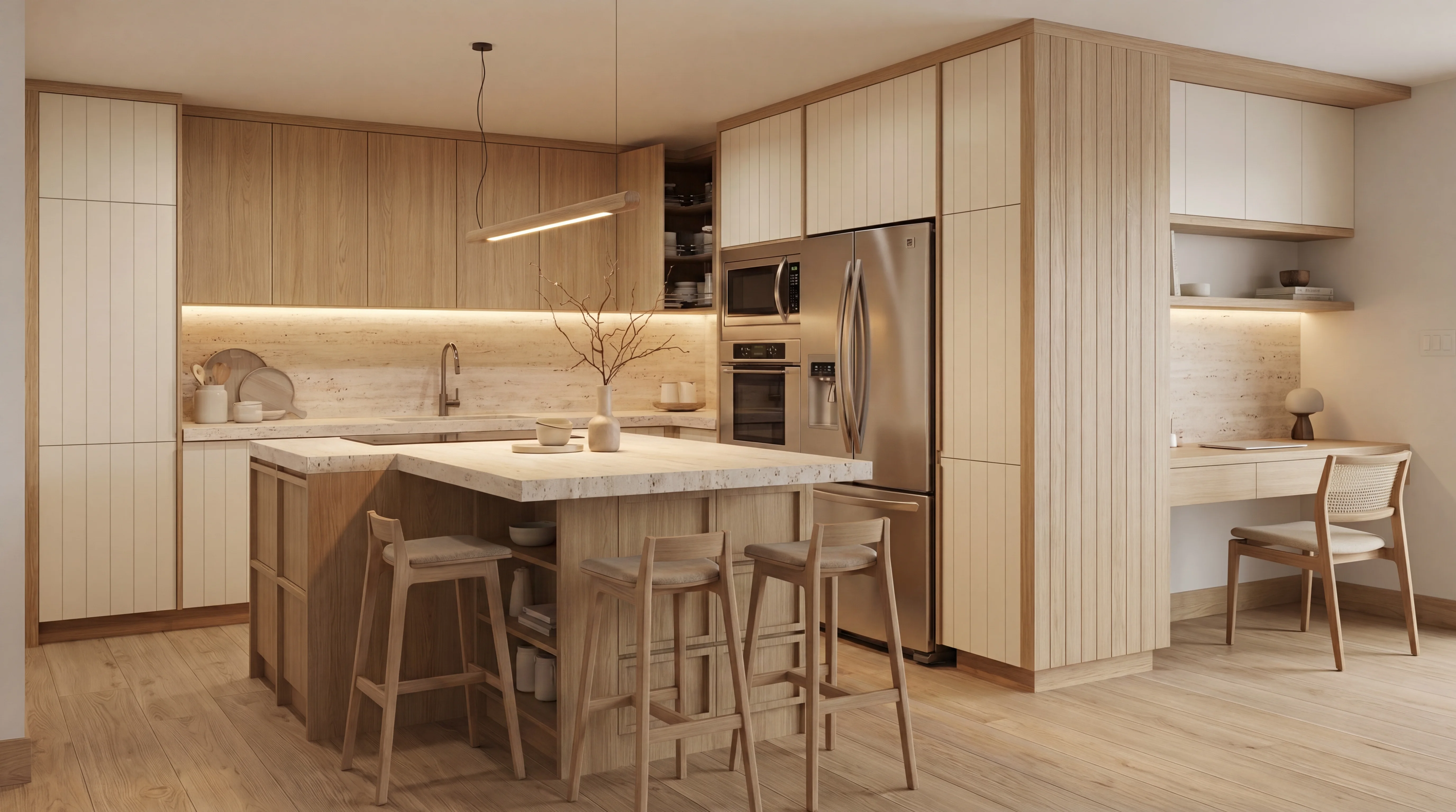 Analyze the attached kitchen render and generate an optimized version.
Selected optimization priority: Augmenter le rangement
Instruction: Maximiser le rangement des armoires et du garde-manger. Ajouter des armoires supérieures, exploiter les coins morts, intégrer des modules hauts.
Generate a new image of this kitchen with the spatial layout optimized for this priority. Keep all materials, colors, finishes, appliances, and design style identical. Only change the placement, sizing, and proportions of moveable elements (cabinetry, island, appliances, seating).
After the image, provide a brief text analysis (3-5 sentences) explaining what spatial changes you made and why.
This is variation 2 of 4. Provide a uniquely distinct layout arrangement compared to typical setups, ensuring variety across the 4 outputs. Focus strongly on the selected axes but interpret them in a fresh spatial configuration.