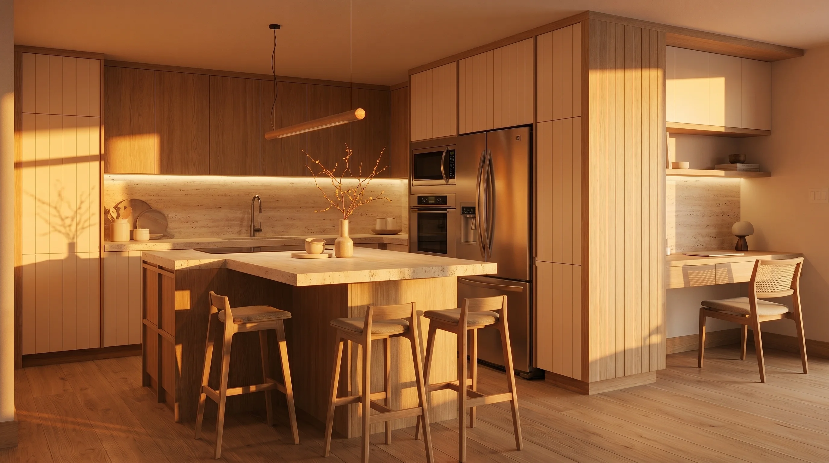 Analyze the attached reference image. STRICTLY KEEP all cabinetry, furniture, materials, colors, structural geometry, and stylistic design absolutely identical. YOUR ONLY TASK is to completely recalculate the lighting and atmosphere of the scene. Change the lighting condition to: Intense golden hour sunset lighting, warm amber glowing light streaming through windows, highly dramatic long shadows.. Ensure the interplay of light and shadow physically matches this specific natural or artificial time of day.