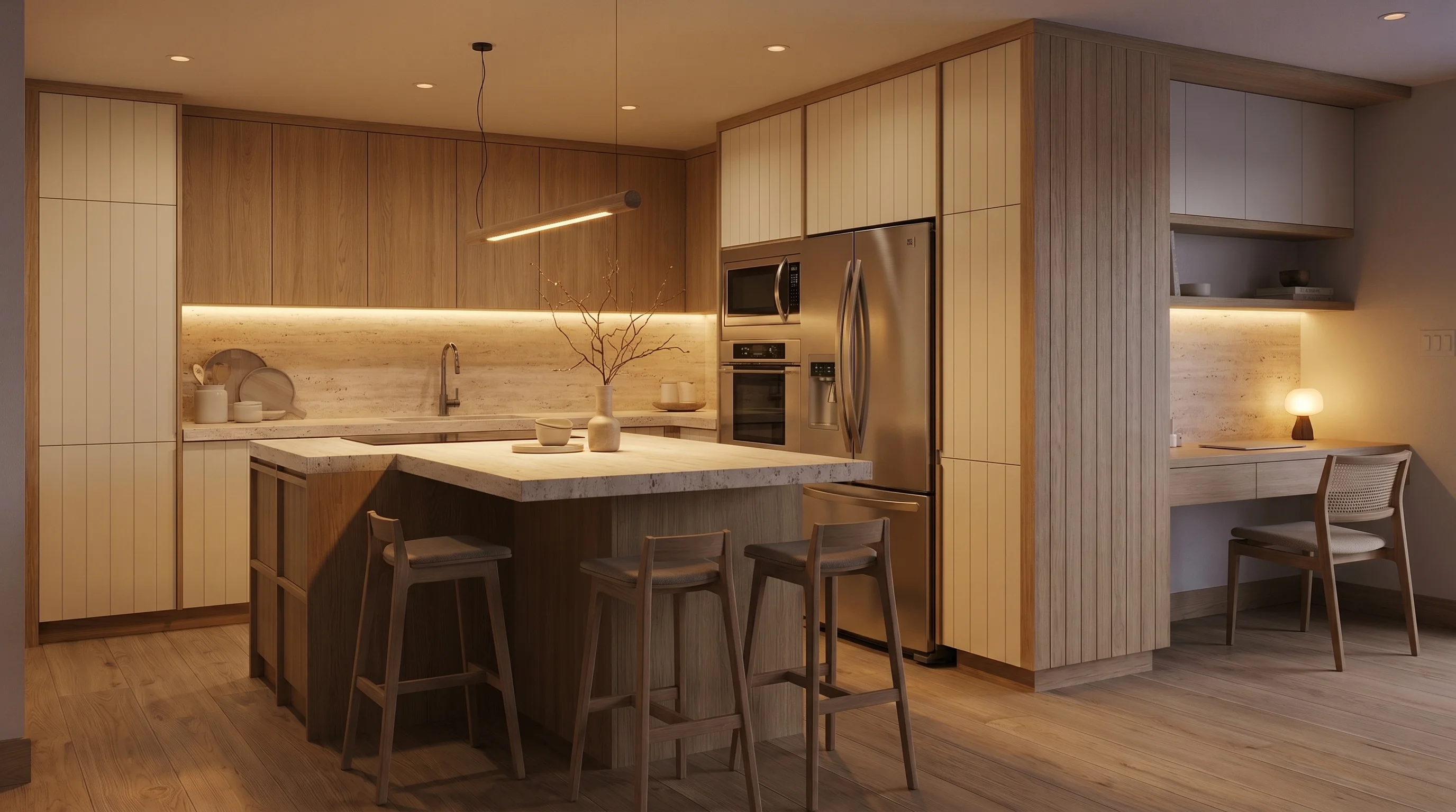 Analyze the attached reference image. STRICTLY KEEP all cabinetry, furniture, materials, colors, structural geometry, and stylistic design absolutely identical. YOUR ONLY TASK is to completely recalculate the lighting and atmosphere of the scene. Change the lighting condition to: Night time interior, artificial warm indoor lighting from lamps and ceiling lights, dark windows outside, cozy intimate evening ambiance.. Ensure the interplay of light and shadow physically matches this specific natural or artificial time of day.