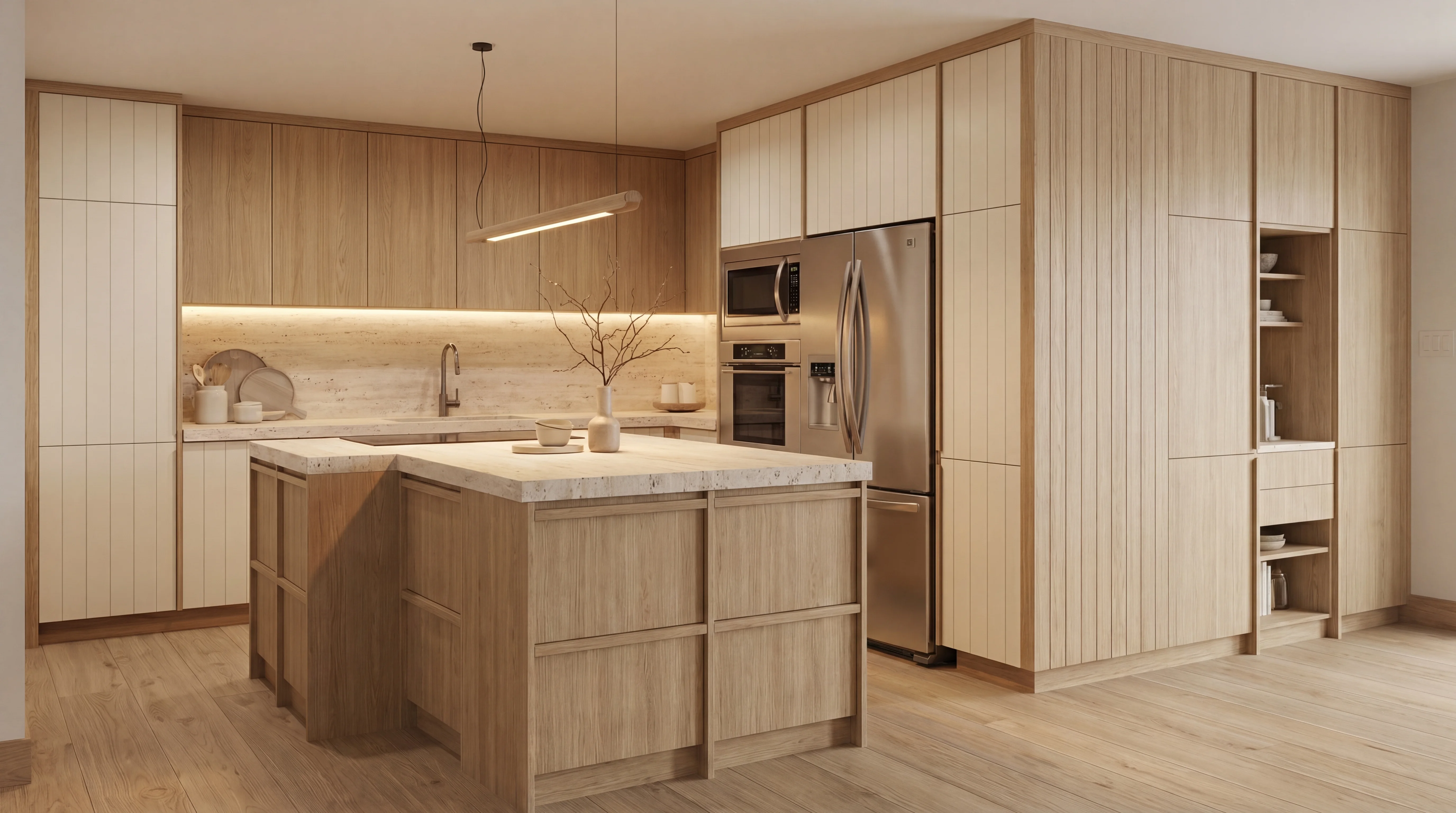Analyze the attached kitchen render and generate an optimized version.
Selected optimization priority: Augmenter le rangement
Instruction: Maximiser le rangement des armoires et du garde-manger. Ajouter des armoires supérieures, exploiter les coins morts, intégrer des modules hauts.
Generate a new image of this kitchen with the spatial layout optimized for this priority. Keep all materials, colors, finishes, appliances, and design style identical. Only change the placement, sizing, and proportions of moveable elements (cabinetry, island, appliances, seating).
After the image, provide a brief text analysis (3-5 sentences) explaining what spatial changes you made and why.
This is variation 3 of 4. Provide a uniquely distinct layout arrangement compared to typical setups, ensuring variety across the 4 outputs. Focus strongly on the selected axes but interpret them in a fresh spatial configuration.