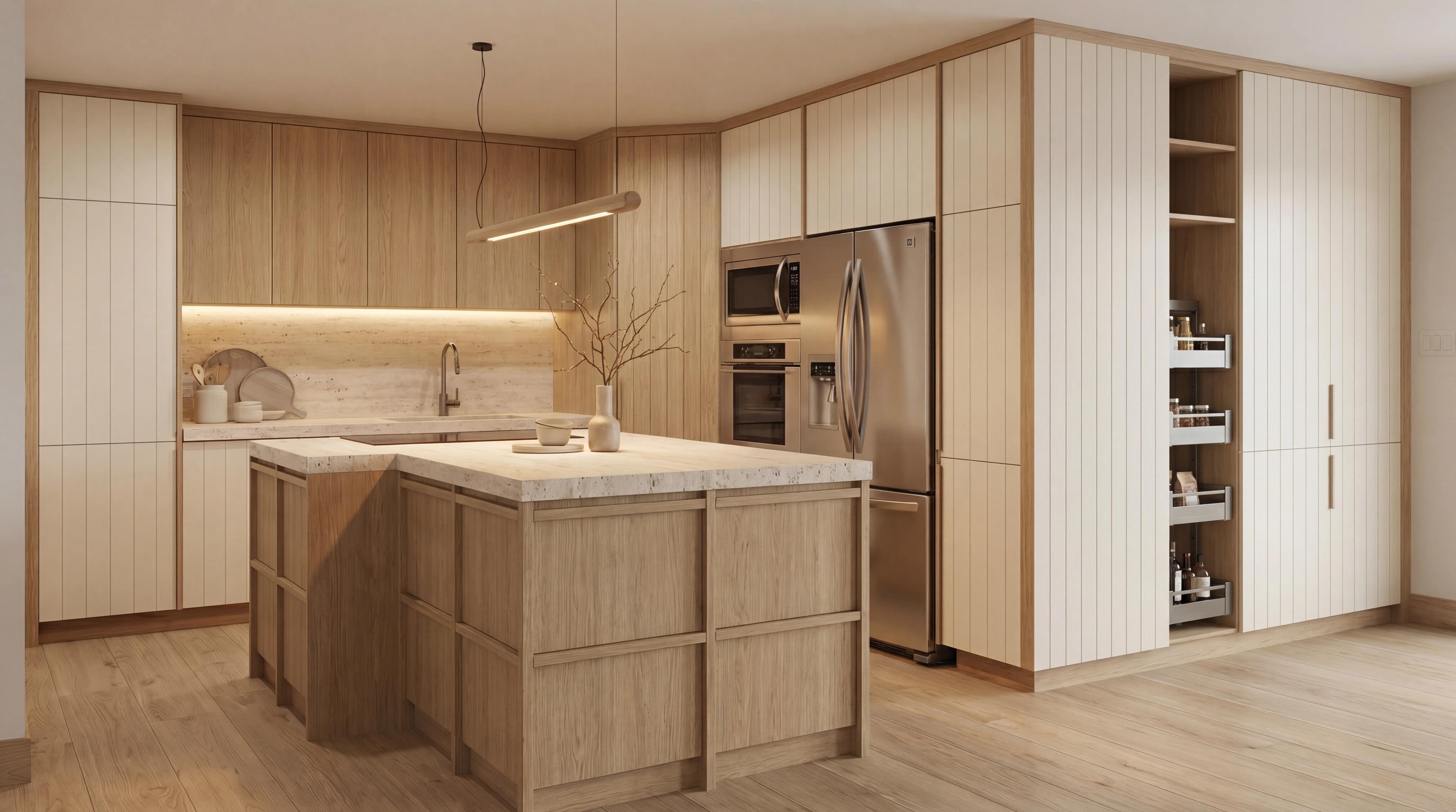Analyze the attached kitchen render and generate an optimized version.
Selected optimization priority: Augmenter le rangement
Instruction: Maximiser le rangement des armoires et du garde-manger. Ajouter des armoires supérieures, exploiter les coins morts, intégrer des modules hauts.
Generate a new image of this kitchen with the spatial layout optimized for this priority. Keep all materials, colors, finishes, appliances, and design style identical. Only change the placement, sizing, and proportions of moveable elements (cabinetry, island, appliances, seating).
After the image, provide a brief text analysis (3-5 sentences) explaining what spatial changes you made and why.
This is variation 4 of 4. Provide a uniquely distinct layout arrangement compared to typical setups, ensuring variety across the 4 outputs. Focus strongly on the selected axes but interpret them in a fresh spatial configuration.
